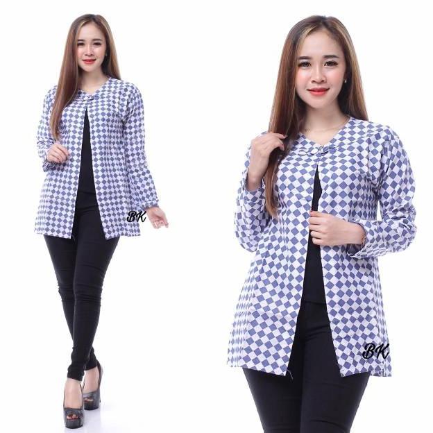 Grade Ori Outer Bolero Blezer Wanita Batik Biru Modern Baju Kerja Kantor Simple