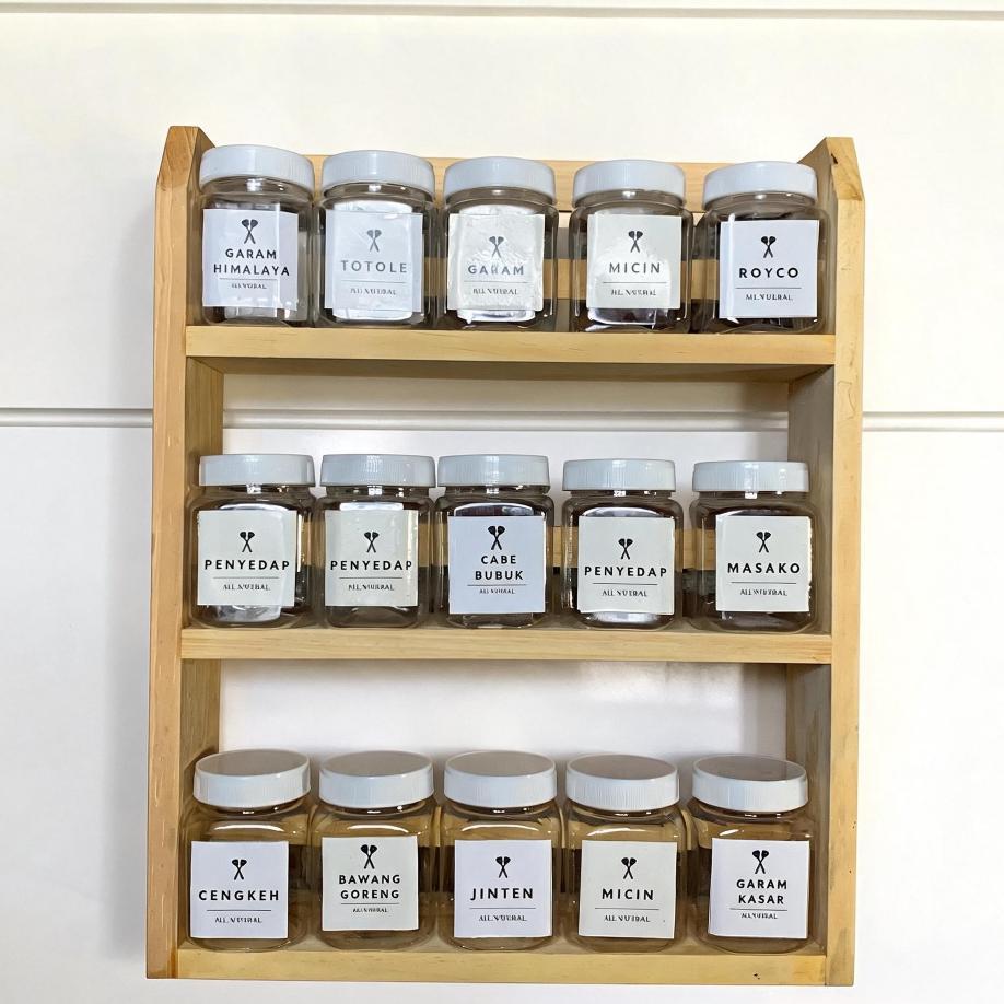 Rak Bumbu Dapur Tempat Bumbu Kayu 3 Susun Lengkap Toples Sendok Stiker Bumbu