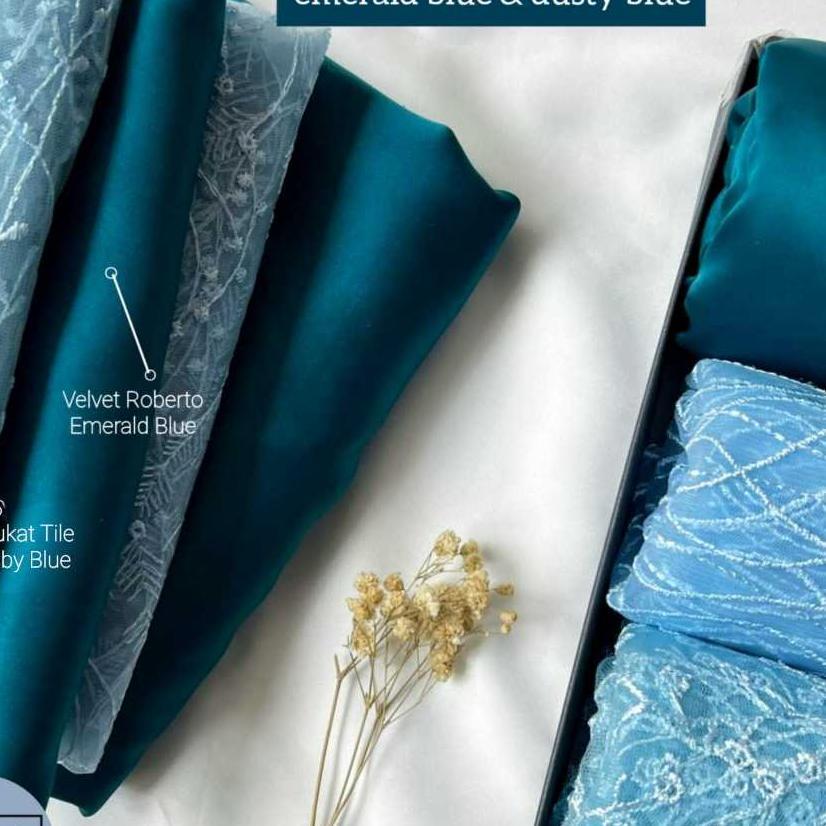 Paket Lengkap Kain Bridesmaid Premium / Satin Velvet Roberto Emerald Blue + Brukat Tile Baby Blue