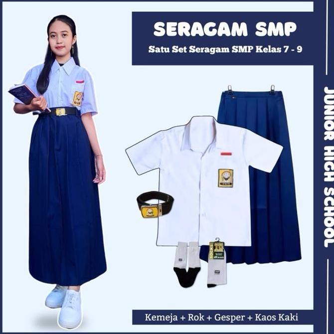 [TERLARIS] Paket Seragam SMP Cewek Kemeja Putih Oxford Lengan Pendek/Panjang + Rok Rimpel Biru Panja