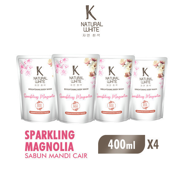K Natural White Sabun Mandi Cair Magnolia Pouch 400 ml x4
