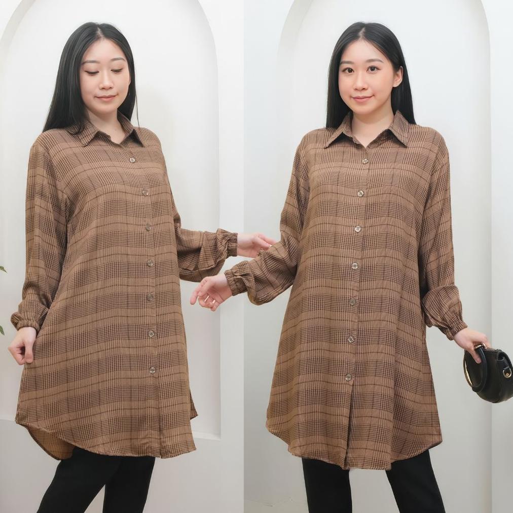 Diskon Tunik Kemeja Wanita / Bahan Rayon Premium Salur & Kotak  Ld 110 & Ld 120 Oversize Lengan Panj
