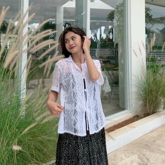 (Obral Cuci Gudang) Lessy Blus Brukat Shirt / Baju Pendek Atasan Wanita Lengan Panjang Motif Bunga H