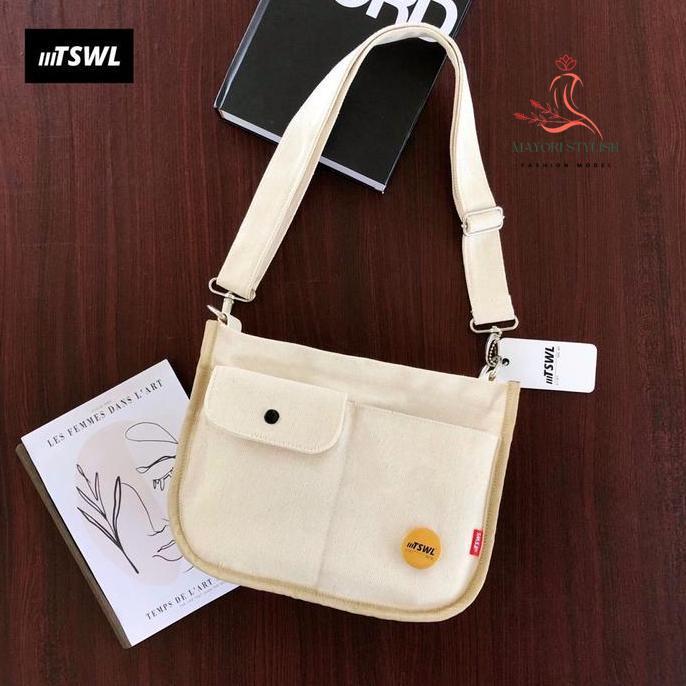 tas selempang bahu cewek cowok skena sling bag canvas kanvas mini kecil pria wanita outfit keren vin