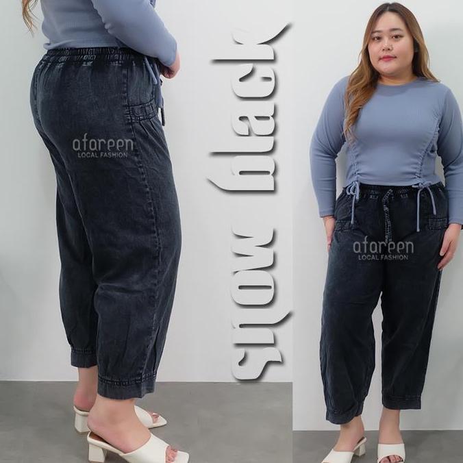 Celana Jeans Wanita Jumbo Saku Depan Kulot Jeans Dewasa Pinggang Karet Emiko Baggy Pants