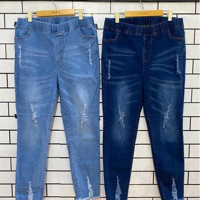 PROMO celana jeans wanita jumbo model sobek-sobek - celana Denim panjang wanita pinggang karet Leggi