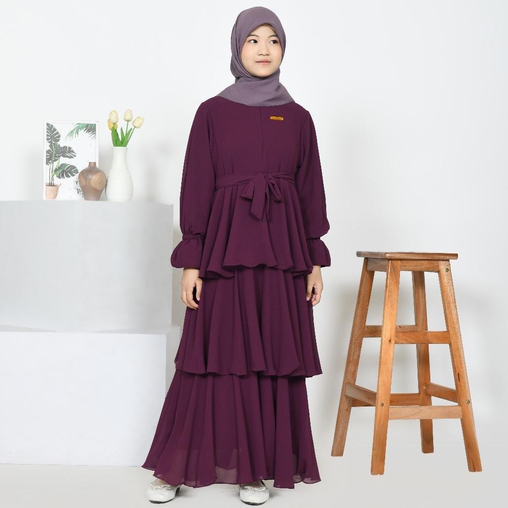Hemat Elsa Gamis Anak Perempuan Remaja Tanggung Burgundy Ceruty Babydoll Kekinian Long Dress Muslim