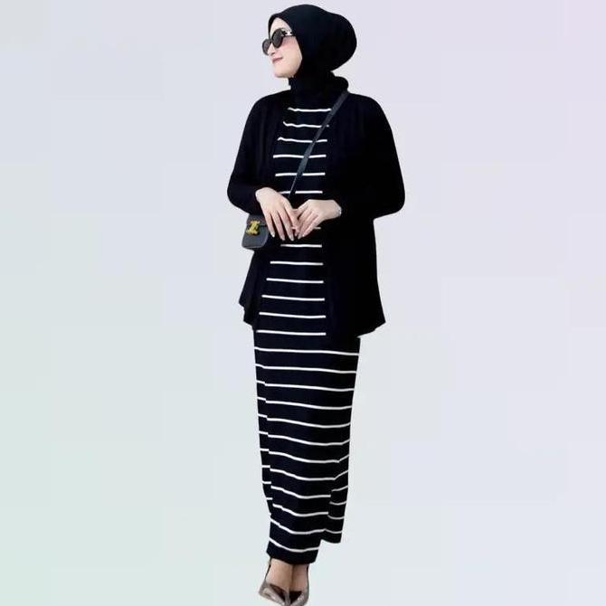 ovanjami90 - long dress rajut wanita basic inner span strip tanpa lengan - 2 ukuran casual garis