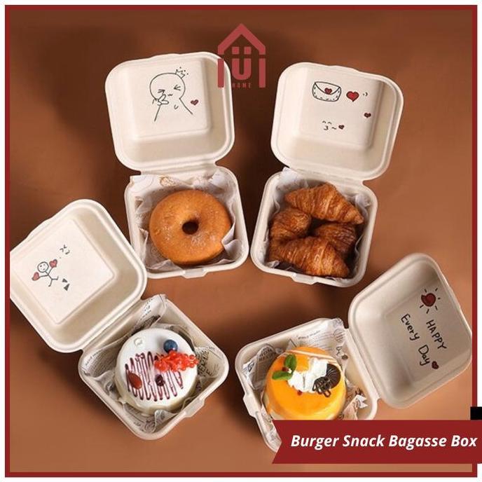 Murah Uniso - Bagasse Burger Box Mini Cake Box Korean Bento Box Kotak Burger Kecil Serat Tebu Ecofri