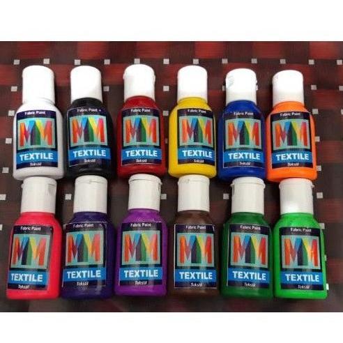 Set 30Ml 12 Warna Bonus 1 Putih Cat Textile Mm Cat Tekstil Untuk Lukis Kain Baju Kaos Sepatu Jilbab