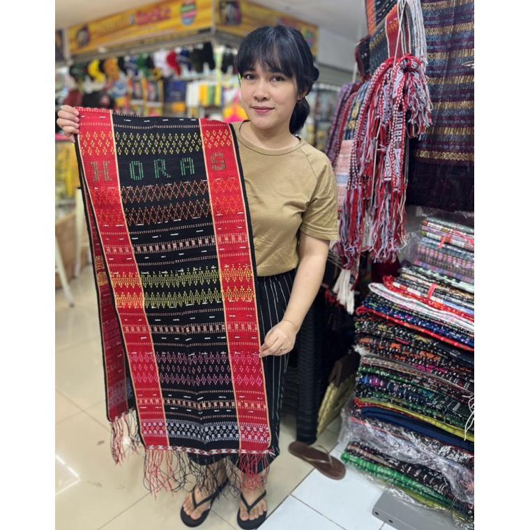Ulos Sadum Hande Tenun Tangan Asli Hitam Sisi Merah Selendang Melayat