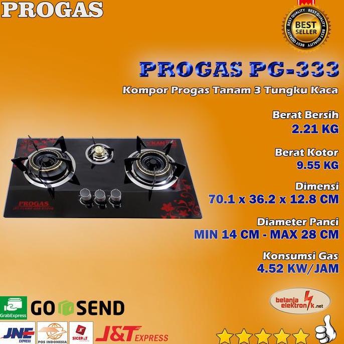 KOMPOR PROGAS TANAM 3 TUNGKU KACA  BUNGA MERAH PG-333