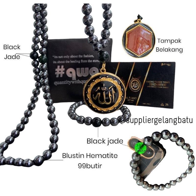 Kalung Allah Gold Tasbih Blustin Hematite Black Jade Aceh Batu Asli Tormalin Qwq