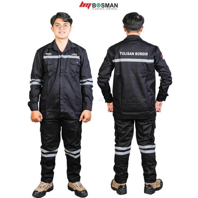 Po Bordir Setelan Wearpack Safety-Hitam Polos-Atasan Bawahan Safety Pria Dan Wanita-Kemeja Kerja Lap