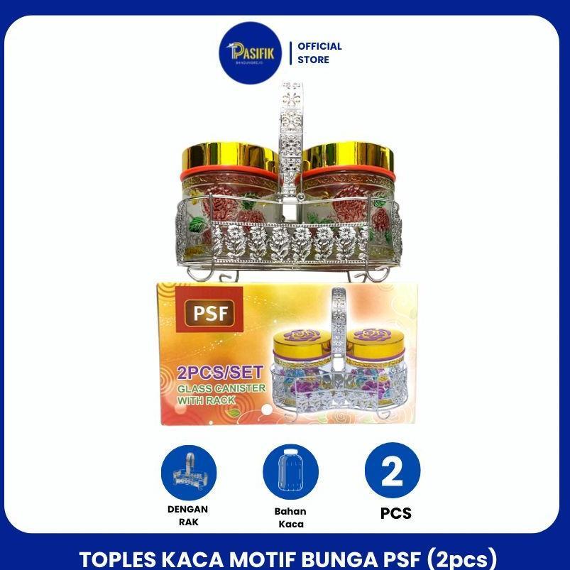 Toples Kaca Motif Bunga Dengan Rak / Toples Kaca Lebaran ( Isi 2 )