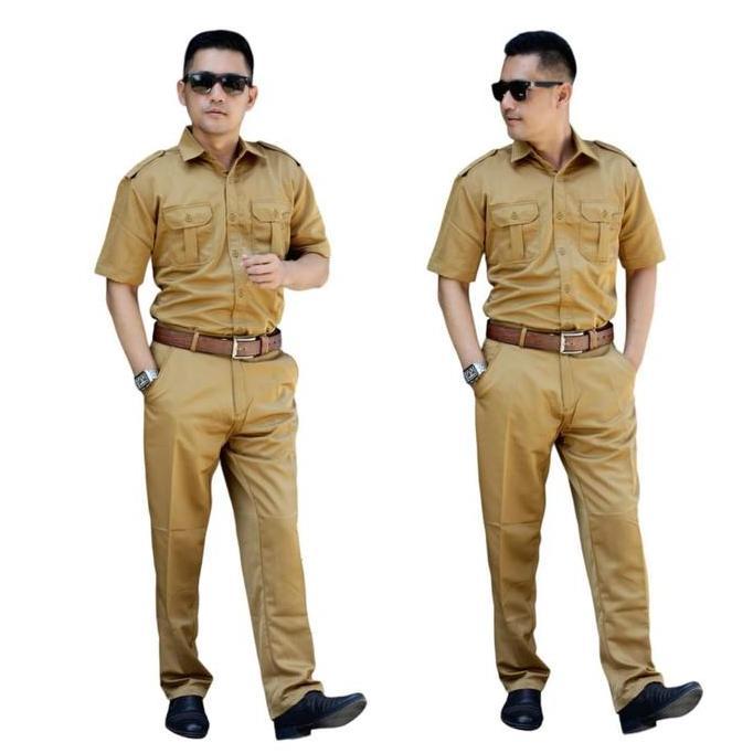 Satu Set Baju Khaki Coklat Pria Lengan Pendek /Seragam Pns Pria Lengan Panjang / Baju Dinas Pemda / 
