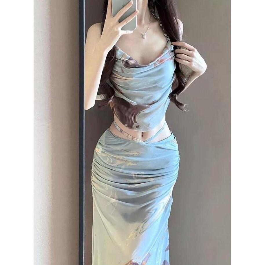 Bikini Swimsuit Beachwear Three Piece Wanita High Waist Motif Abstrak Gaun Outer Biru Panjang Fashio