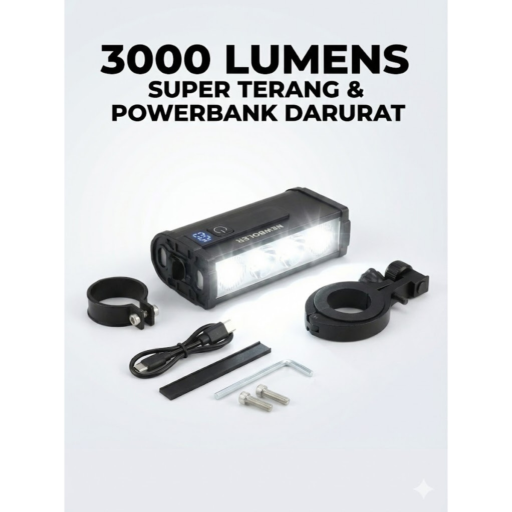 Lampu Sepeda Depan NEWBOLER 3000 Lumens 4 LED LIG013 Original Super Terang Cas USB Type C Tahan Air 