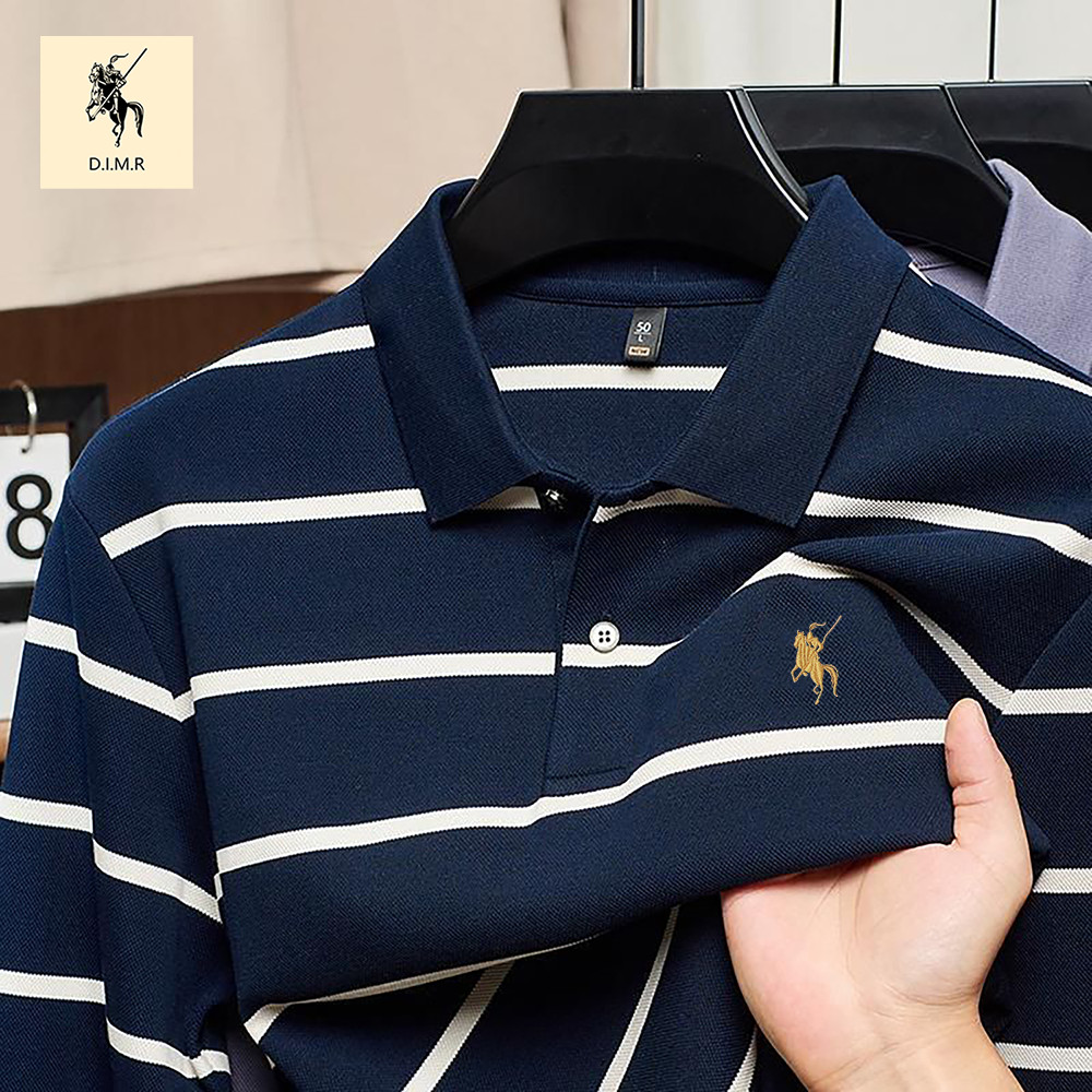 D.I.M.R Kemeja Polo Pria Garis-Garis Biru Tua M-3XL