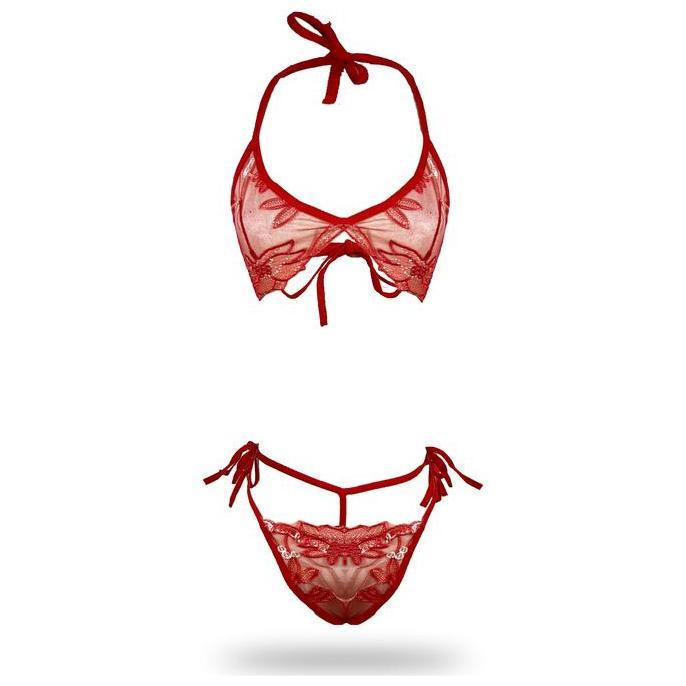 [ RedPink ] Lingerie Stelan Bikini Seksi Transparan Wanita Dewasa Corak Bunga Bordir Sifon Good Qual