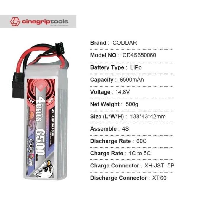 CODDAR 4S 6500MAH 14.8V 60C XT60 Soft Pack RC Lipo Battery