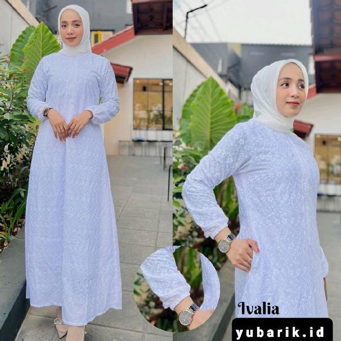 Uffa- Gamis Ivalia Putih Busui Katun Paris Bordir Furing Nyaman | Yubarik