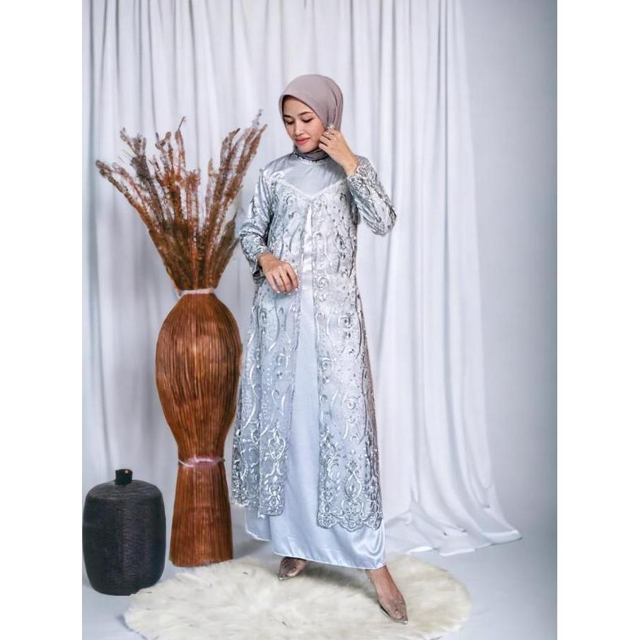 Uffa- Septiana Gamis Pesta Kondangan Brukat Tile Mutiara Motif Akar Kombinasi Satin Model Terbaru Da