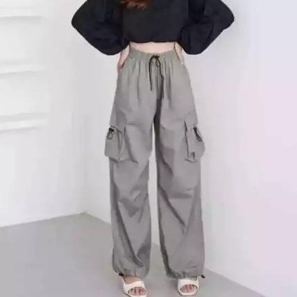 Viral !!! Celana Cargo Serut Wanita Highwaist Pants Korean Style Jumbo Kulot Big Size