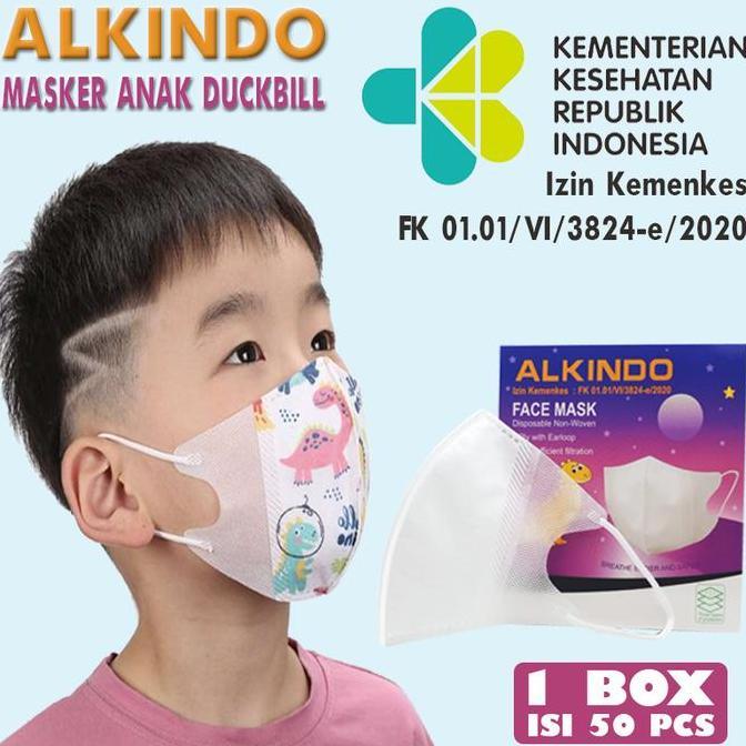 MASKER DUCKBILL ANAK 3PLY ISI 50 PCS ALKINDO MEDIS POLOS FACE MASK