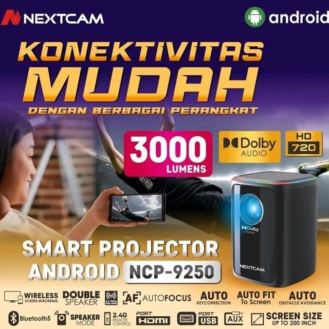 Proyektor Android Ncp-9250 Smart Proyektor Mirroring Dolby 3000Lumens Smart Proyektor Auto Fokus Blu