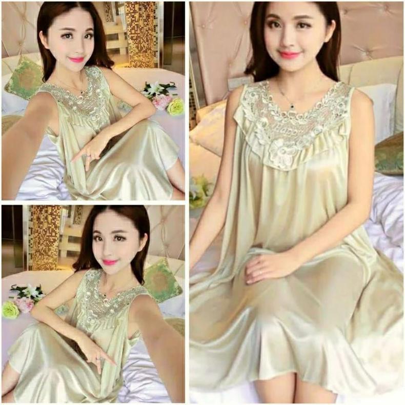 Official Baju Tidur Wanita Dress Lingerie Sexi Daster Happy Bahan Satin Size Xxl/Jumbo