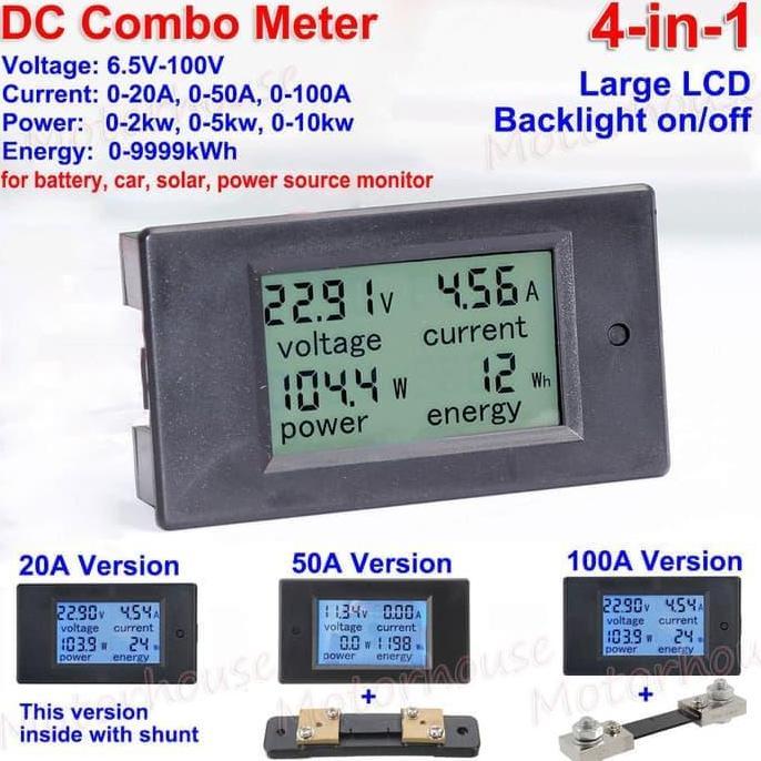 Terbaru.. 4 In 1 Digital Volt Amp Watt Ampere Kwh Meter Voltmeter Dc 20A Ammeter