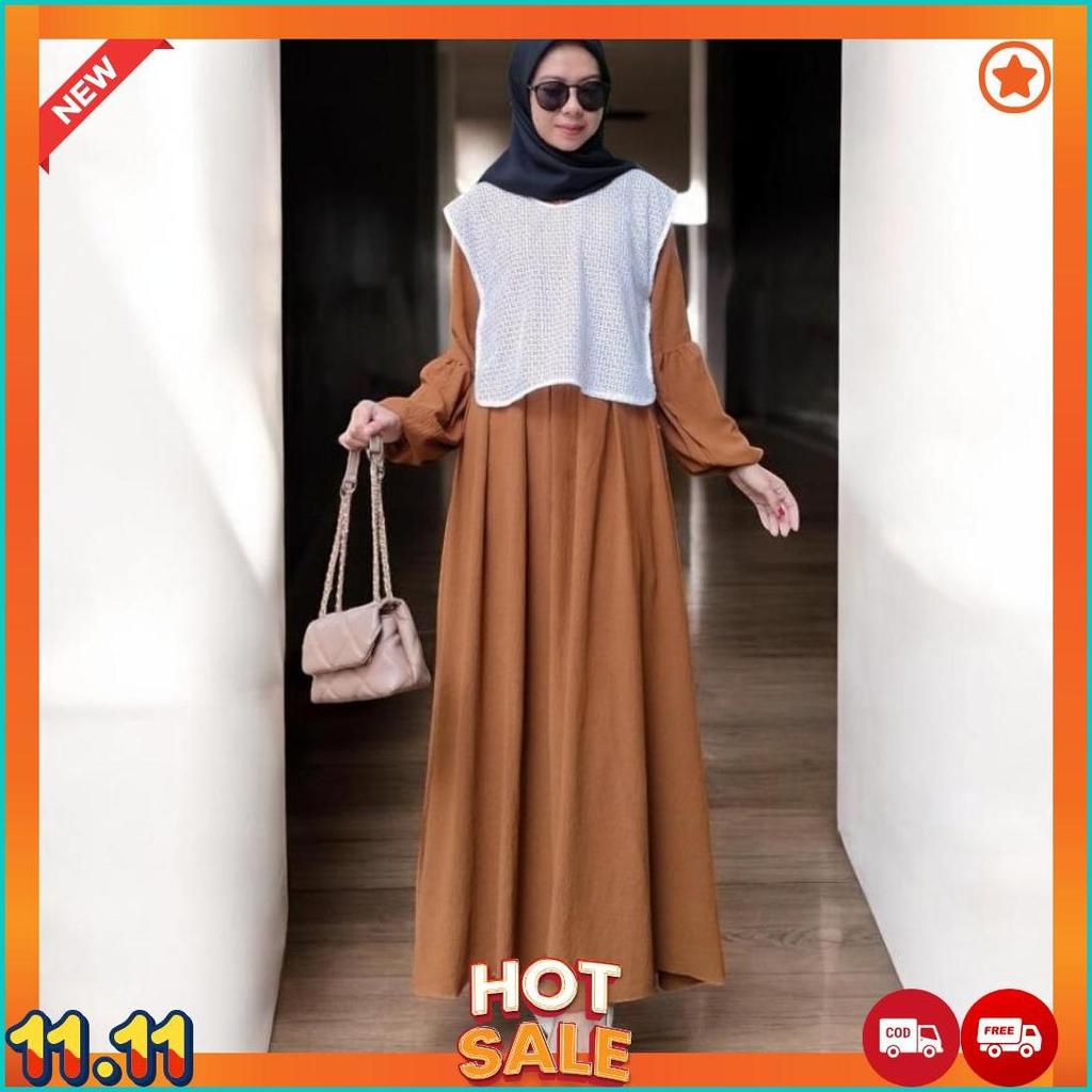 New Zeline Dress Brukat Premium Gamis Muslim Crinkle Airflow Kondangan Outer Bisa Lepas Pasang [G4]