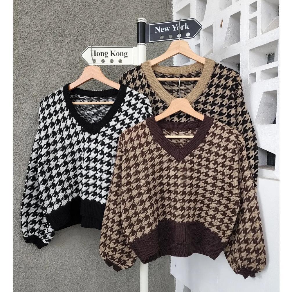 Crop Sweater Houndstooth / Rajut Outer Wanita Trendy Murah / Sweater Rajut Crop Top