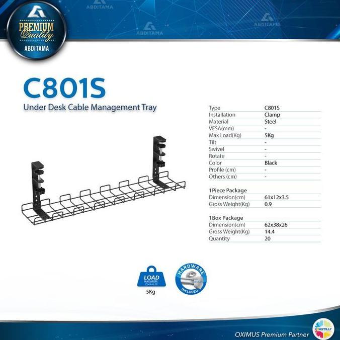 Oximus C801 Compact Clamp-On Under-Desk Cable Management Tray Rak Kabel Meja Jepit Tanpa Bor, Pemasa