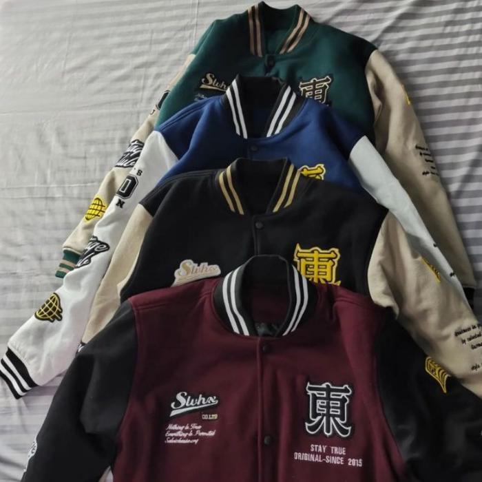 DISKON Jaket Varsity Baseball Pria Wanita Marun Full Print - Varsity Jacket Vintage Baseball - jaket