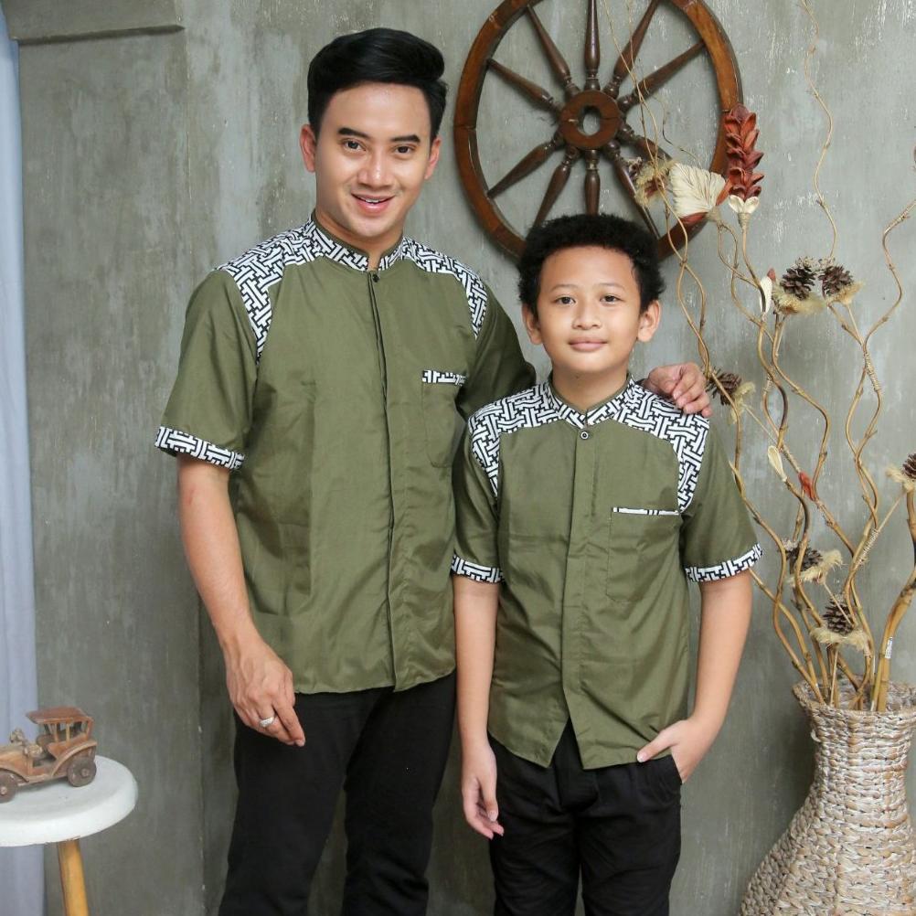 TERBARU Fawlane - Kemeja Koko Couple Dewasa dan Anak Lengan Pendek Motif Araseo Army