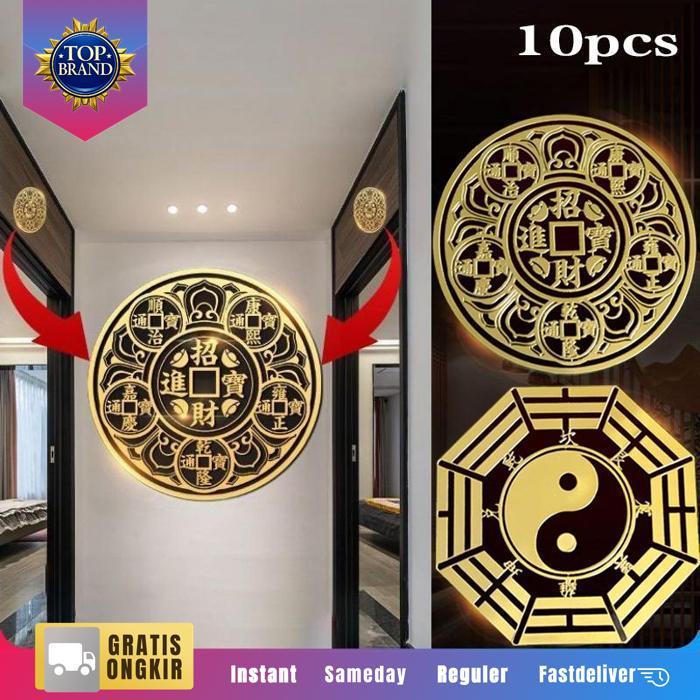 Isi 10Pcs Sticker Keberuntungan Stiker Emas Timbul Hoki Keberuntungan 3D Motif Ba Gua Koin Bagua