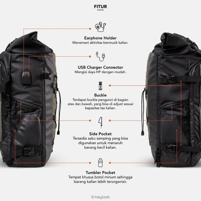 HEYLOOK Backpack ROCKFORD Tas Ransel Laptop Waterproof USB Connector Tas Travelling Anti Air Tas Bac