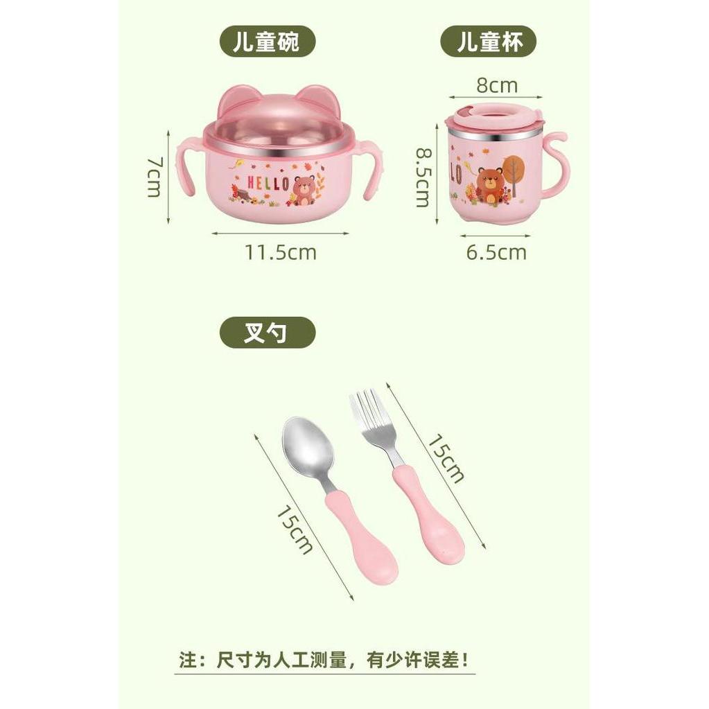 SET MAKAN MINUM MUG STAINLESS PEPPA PIG HELLO KITTY DORAEMON PREMIUM