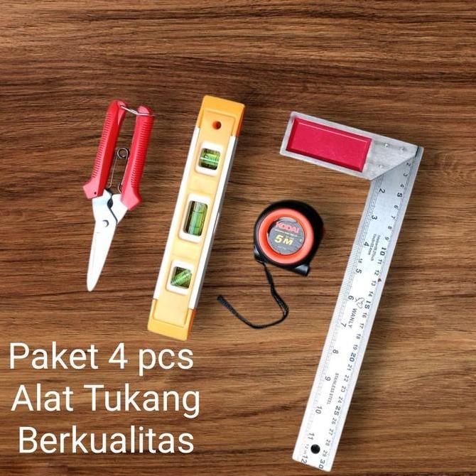 Paket 4 pcs Alat Tukang Berkualitas - Gunting Holo Camel/Waterpass Mini/Meteran 5 Meter/Siku Tukang 
