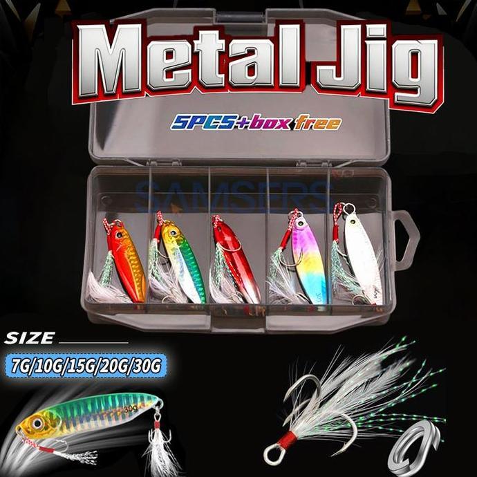 SAMSERS OUTDOOR 5PCS SET BOX 7G/10G/15G/20G/30G UMPAN PANCING METAL JIG PAKET LURE + BOX FREE SINKIN