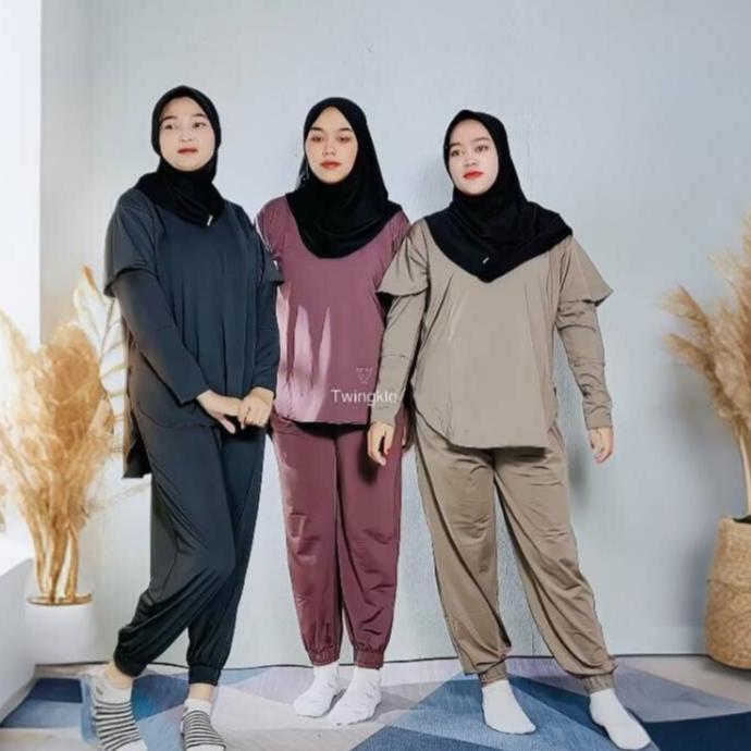 premium twingkle zumba setelan set baju olahraga wanita muslimah set sport 3 in 1 menggunakan bahan 
