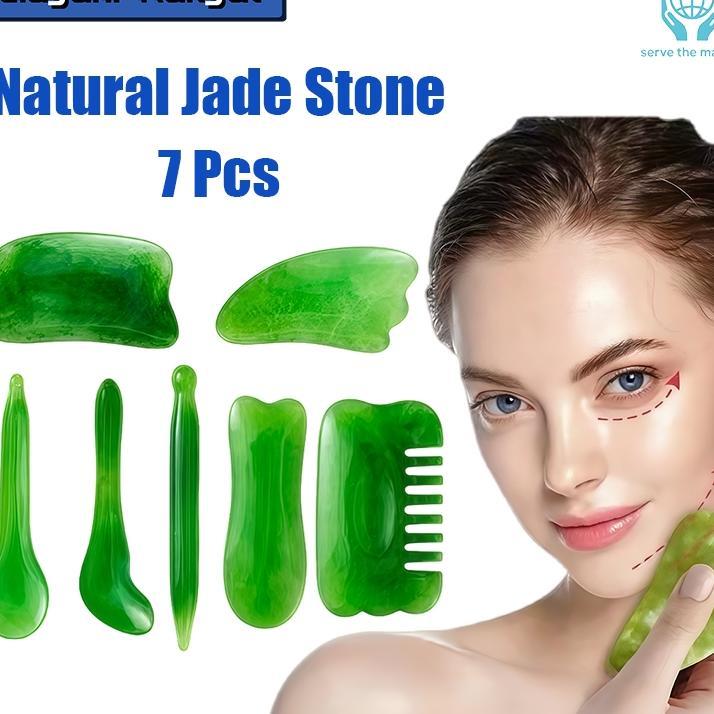 7Pcs Alat Pijat Wajah Gua Sha Gua Sha Board Batu Jade Giok Asli Alami Massage Massager Stone