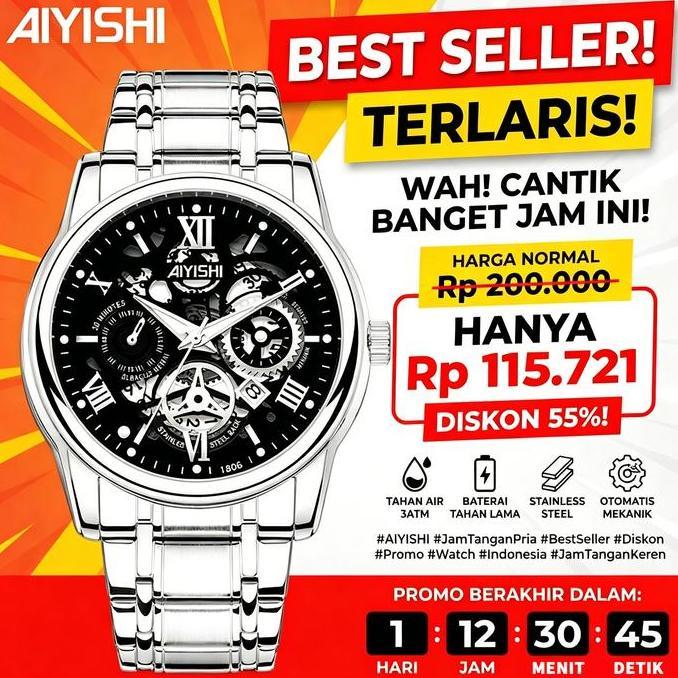 Aiyishi Jam Tangan Pria Dial BeronggaKuarsa Anti Air Tali Stainless Steel Jam TanganCowok Watches Or