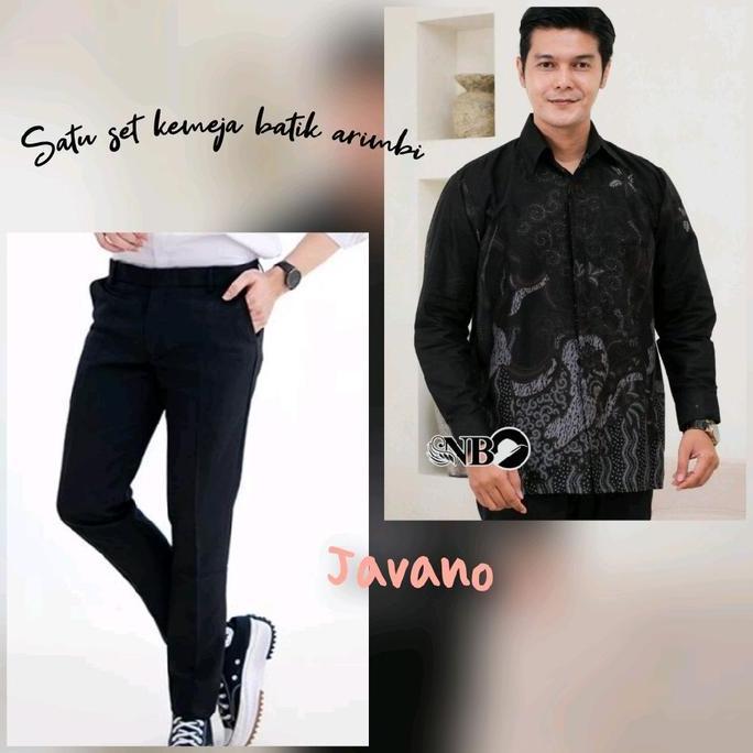 daramanual - setelan kemeja batik+celana slimfit hitam paket kondangan setrip atasan pria