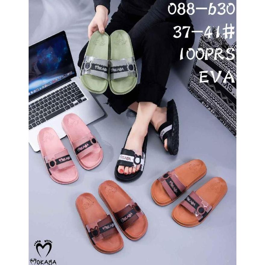 Shoes- (-B30) Sandal Slop Jeli Nita Ban Garis Mokaya Gesper Beruang Tali Transparan Simpel Cantik Ny