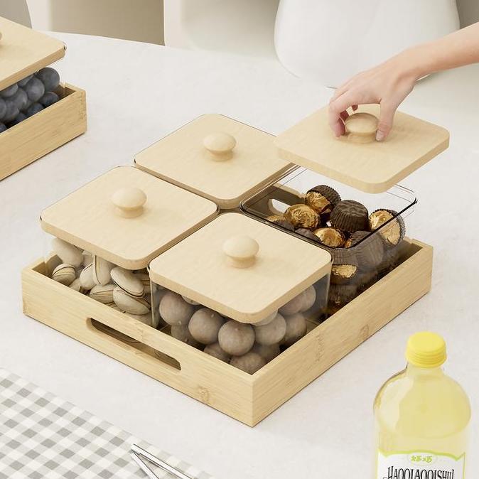 SUPER DEAL - Dejavu Set Toples Snack 4 Sekat + Tray Kayu Minimalis Estetik Wadah Kue Kering Permen K