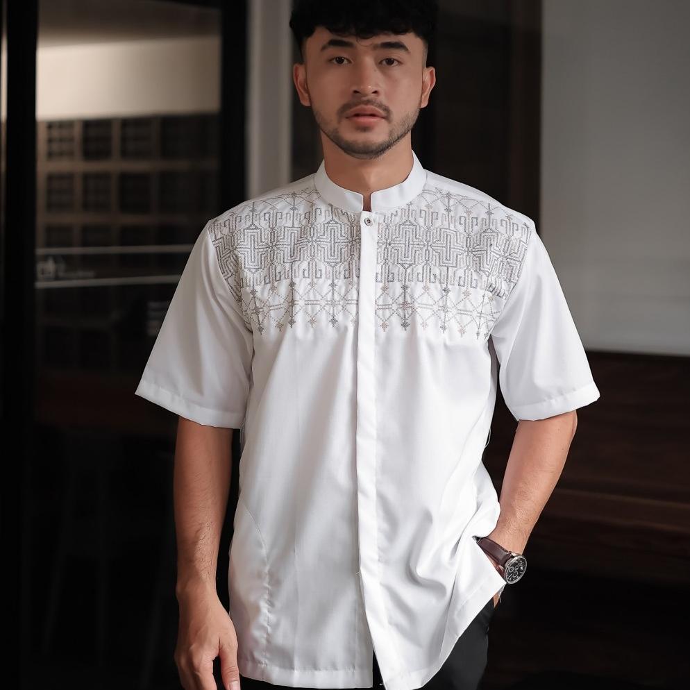 koko.uzma Baju koko Kemeja Sanghai Katun Putih Polos Pria Dewasa Lengan Pendek Baju Koko Putih Polos