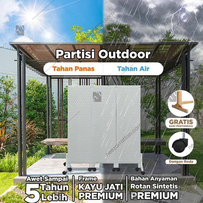 Partisi Outdoor Sketsel Rotan 3 tu | Rangka Kayu Jati + Anyaman Rotan | Pembatas Ruangan DENGAN Roda